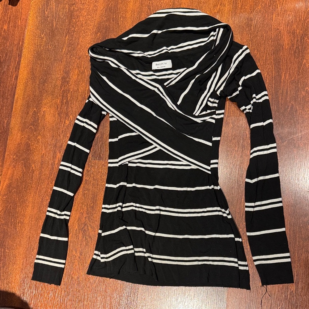 Bailey 44 Black and White Striped Wrap-Style Long Sleeve Top